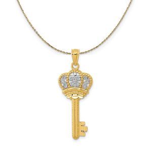 14k Yellow Gold & Rhodium Fleur De Lis Crown Key Necklace - 20 Inch